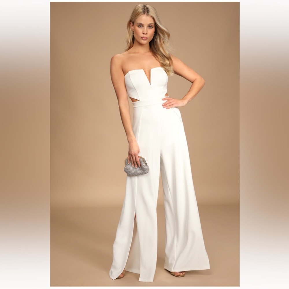 Lulus Make A Statement White Strapless Cut-Out Wide Leg Jumpsuit